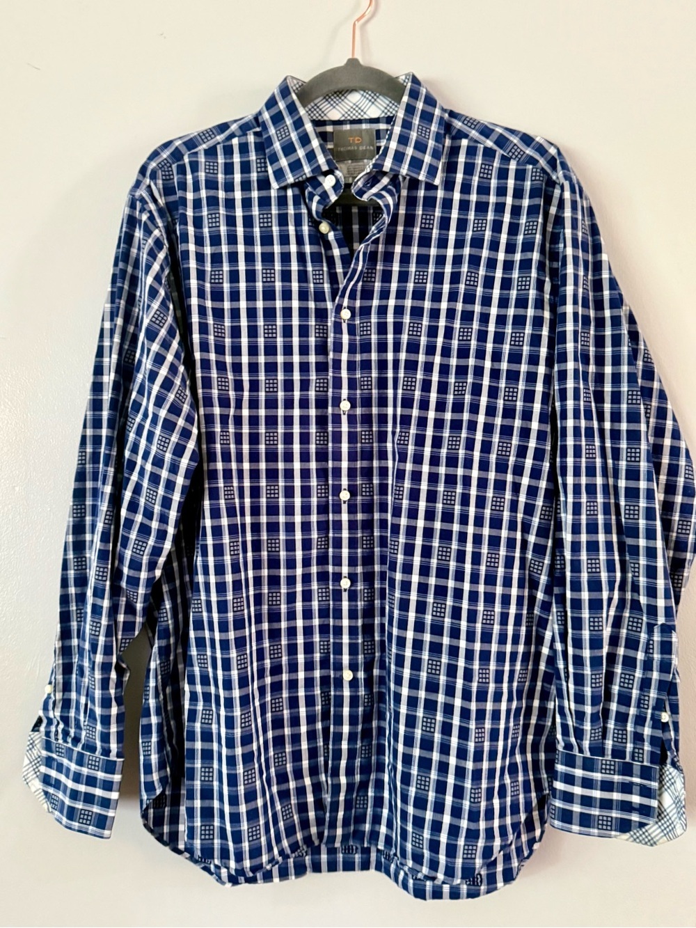 Thomas Dean Luxury Dress Shirt White Plaid Geometric Contrast Cuff Men’s L